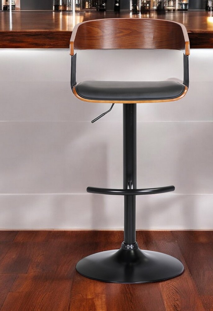 Black Faux Leather And Fabric And Metal Adjustable Height Swivel Bar Chair HomeRoots