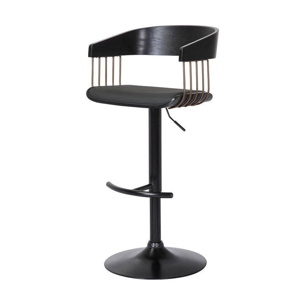 Black Faux Leather And Fabric And Metal Adjustable Height Swivel Bar Chair HomeRoots
