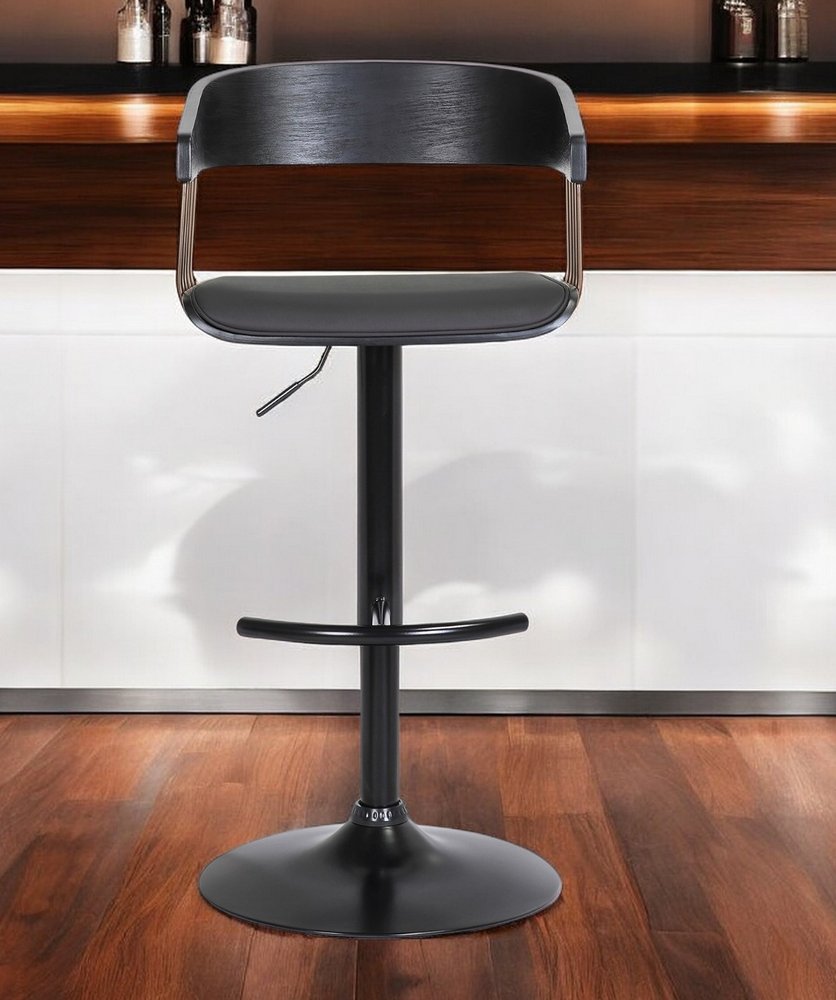 Black Faux Leather And Fabric And Metal Adjustable Height Swivel Bar Chair HomeRoots