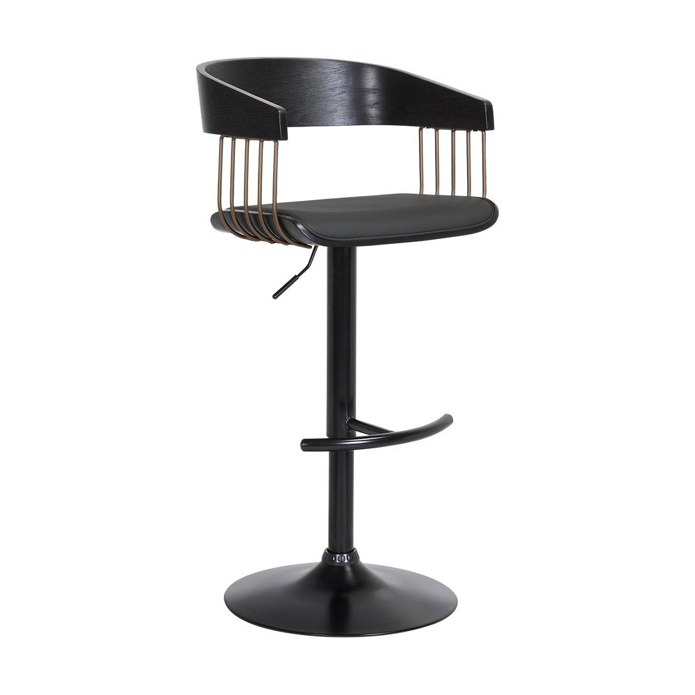 Black Faux Leather And Fabric And Metal Adjustable Height Swivel Bar Chair HomeRoots