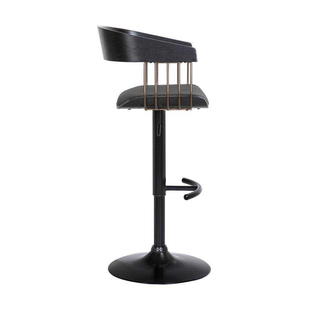 Black Faux Leather And Fabric And Metal Adjustable Height Swivel Bar Chair HomeRoots