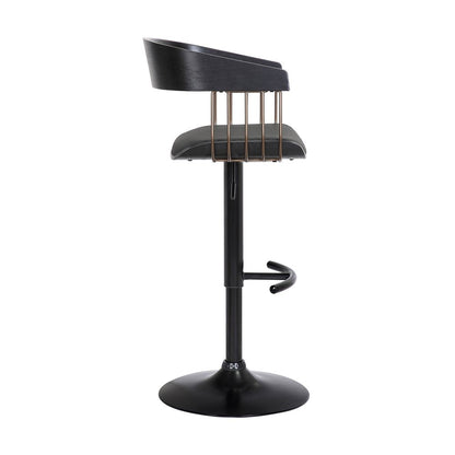 Black Faux Leather And Fabric And Metal Adjustable Height Swivel Bar Chair HomeRoots
