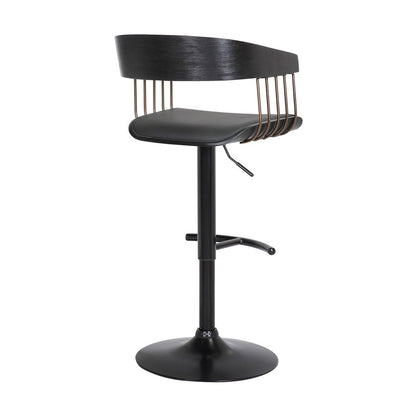 Black Faux Leather And Fabric And Metal Adjustable Height Swivel Bar Chair HomeRoots