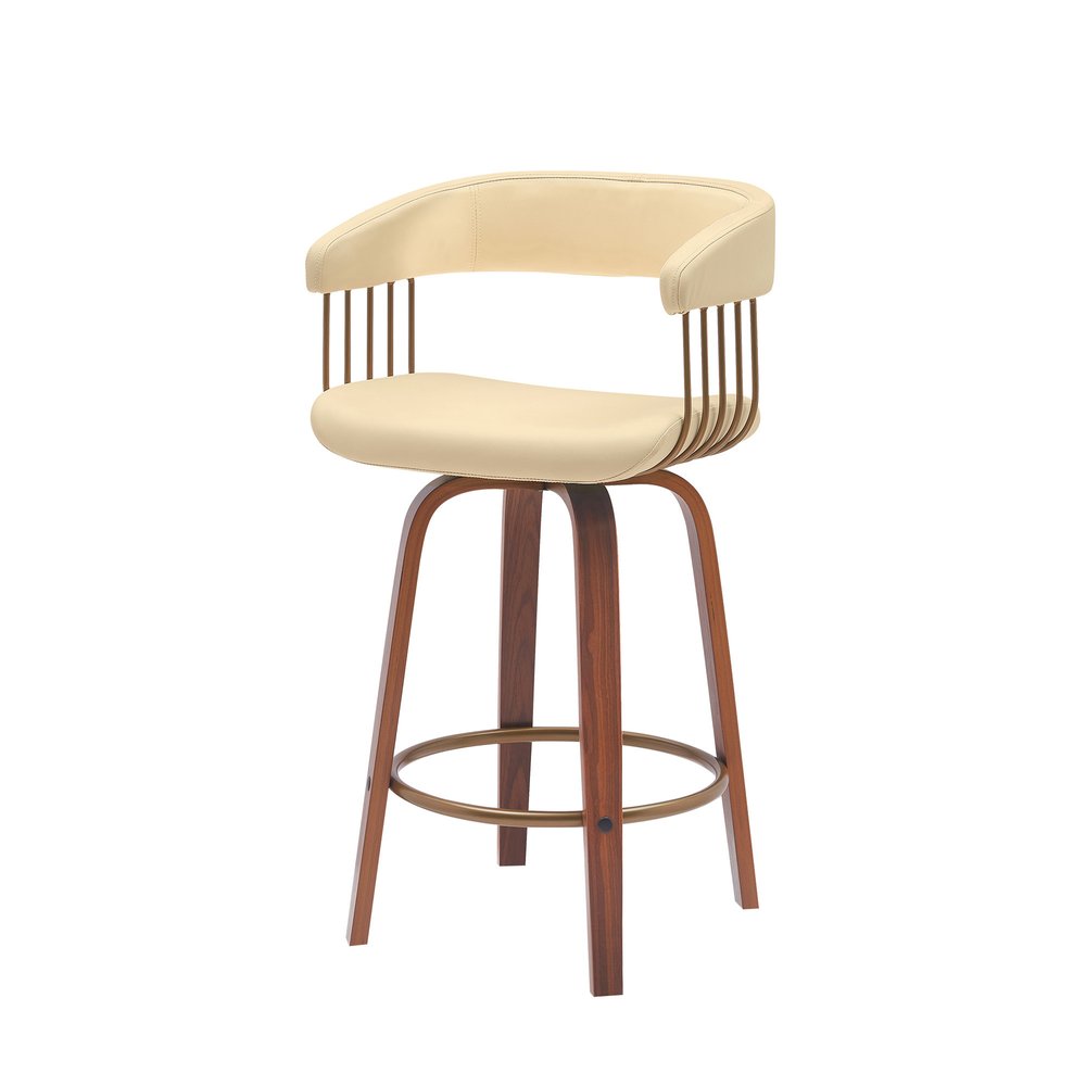 26" Cream And Brown Faux Leather And Fabric And Wood Counter Height Swivel Bar Chair HomeRoots