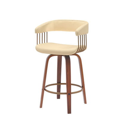 26" Cream And Brown Faux Leather And Fabric And Wood Counter Height Swivel Bar Chair HomeRoots