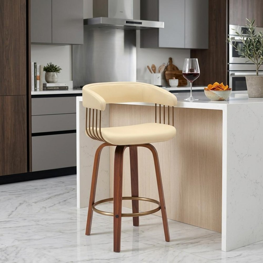 26" Cream And Brown Faux Leather And Fabric And Wood Counter Height Swivel Bar Chair HomeRoots