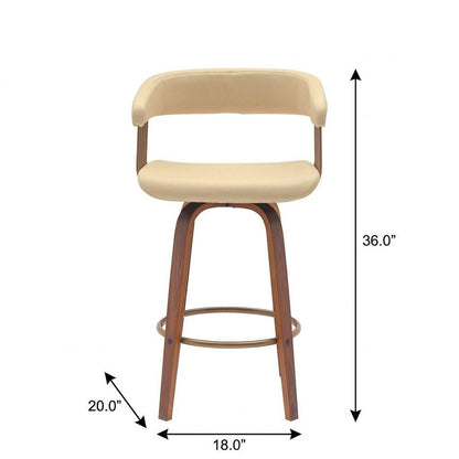 26" Cream And Brown Faux Leather And Fabric And Wood Counter Height Swivel Bar Chair HomeRoots