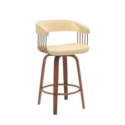 26" Cream And Brown Faux Leather And Fabric And Wood Counter Height Swivel Bar Chair HomeRoots
