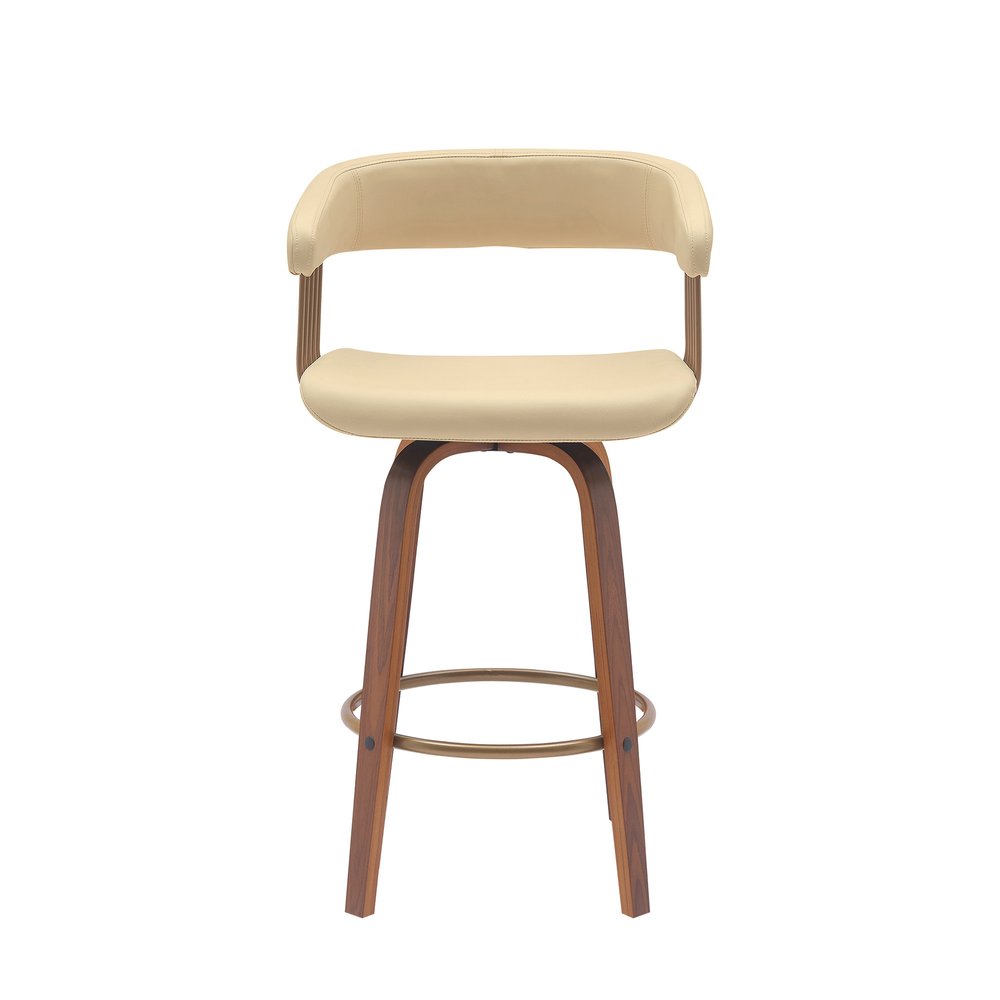 26" Cream And Brown Faux Leather And Fabric And Wood Counter Height Swivel Bar Chair HomeRoots