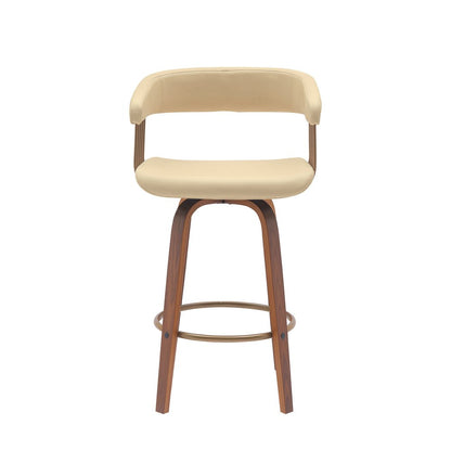 26" Cream And Brown Faux Leather And Fabric And Wood Counter Height Swivel Bar Chair HomeRoots