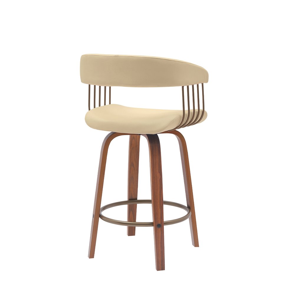 26" Cream And Brown Faux Leather And Fabric And Wood Counter Height Swivel Bar Chair HomeRoots