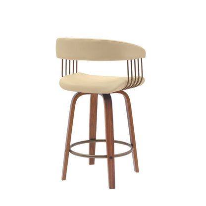 26" Cream And Brown Faux Leather And Fabric And Wood Counter Height Swivel Bar Chair HomeRoots