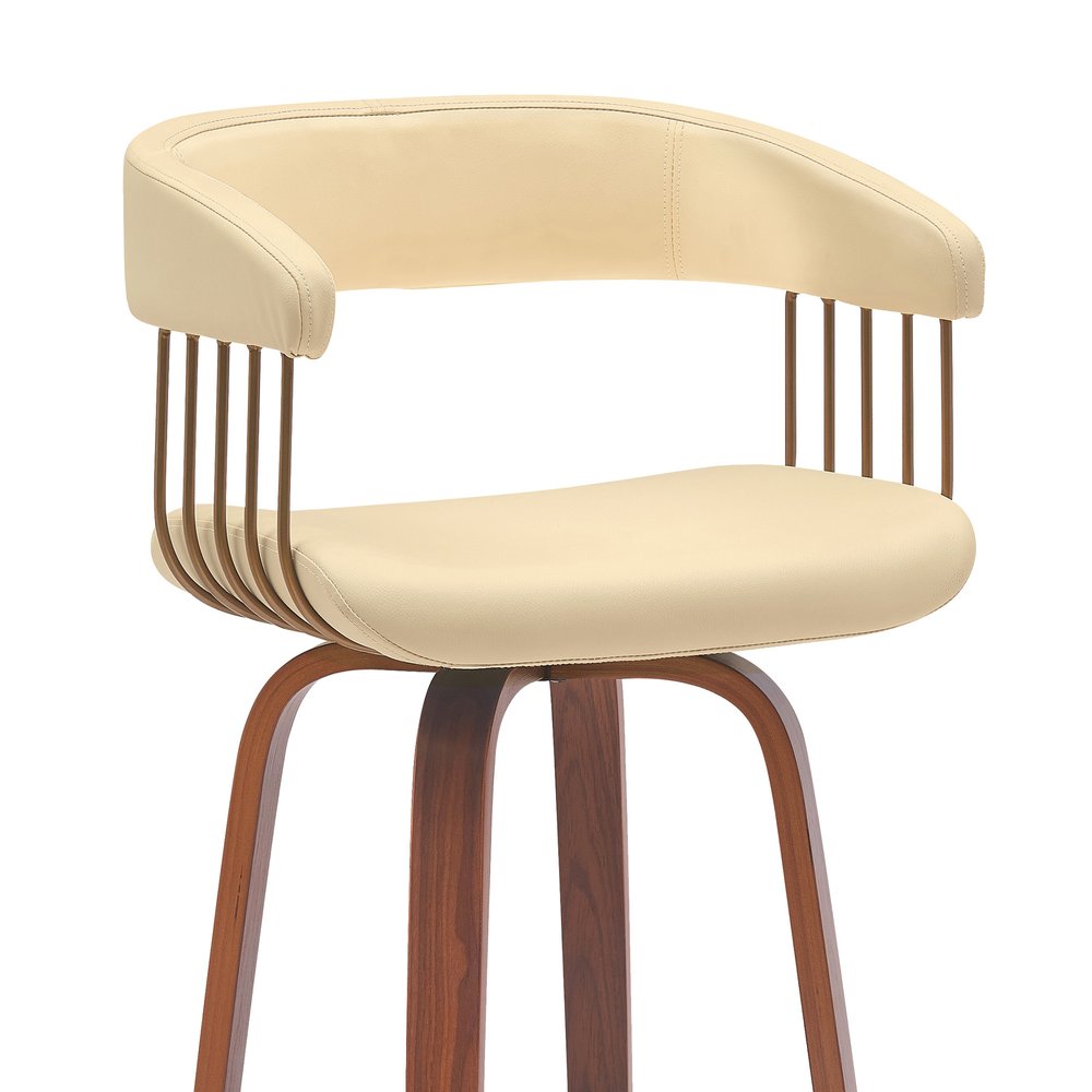 26" Cream And Brown Faux Leather And Fabric And Wood Counter Height Swivel Bar Chair HomeRoots