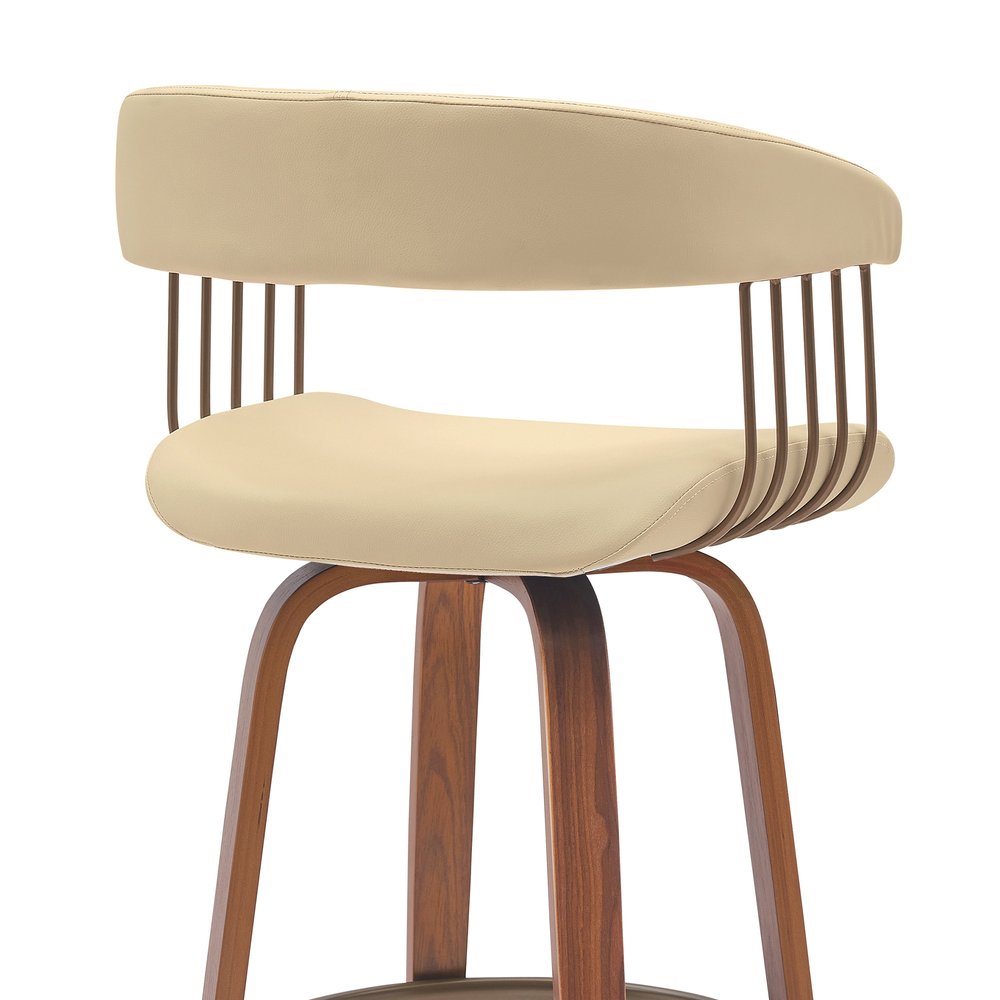 26" Cream And Brown Faux Leather And Fabric And Wood Counter Height Swivel Bar Chair HomeRoots