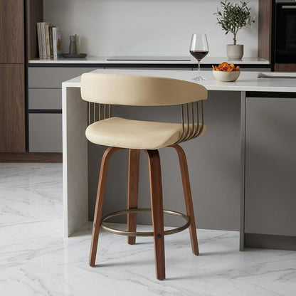 26" Cream And Brown Faux Leather And Fabric And Wood Counter Height Swivel Bar Chair HomeRoots