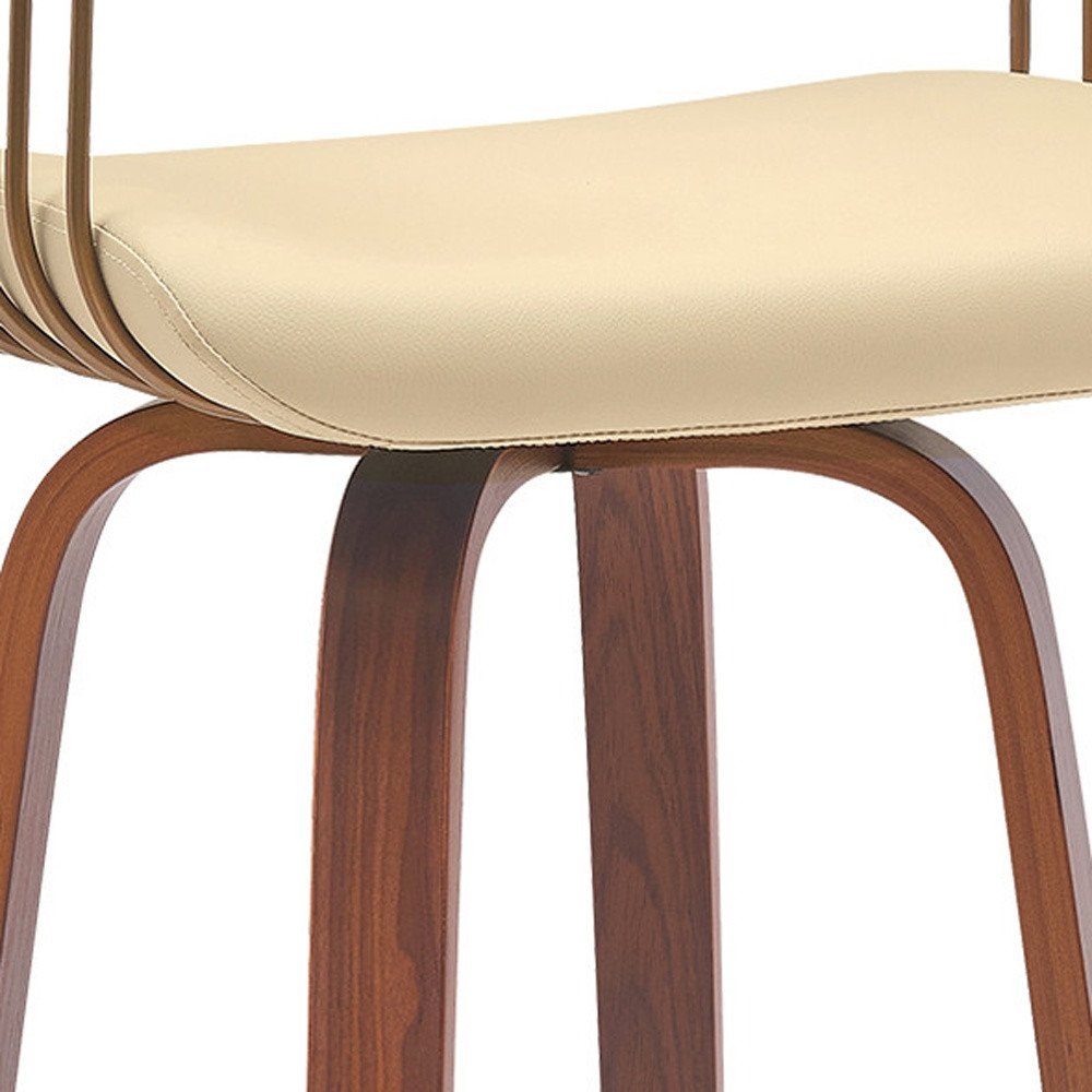 26" Cream And Brown Faux Leather And Fabric And Wood Counter Height Swivel Bar Chair HomeRoots