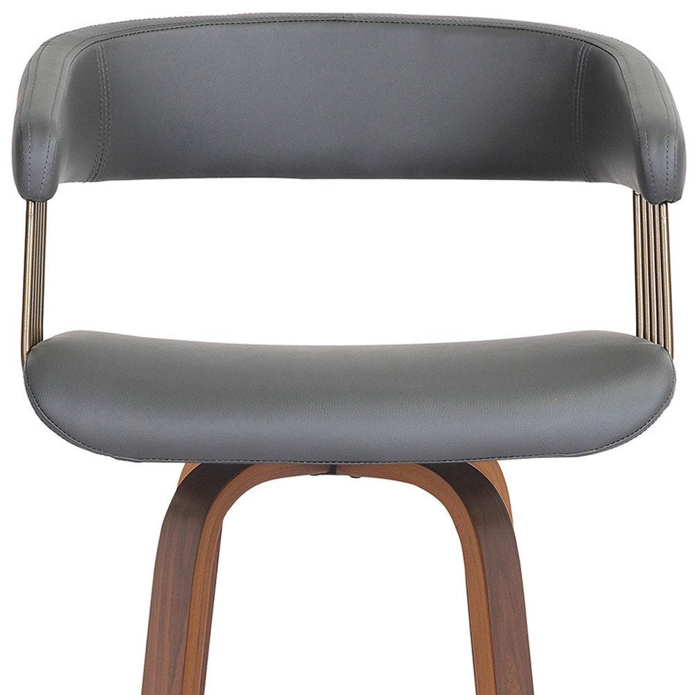 26" Gray And Brown Faux Leather And Fabric And Wood Counter Height Swivel Bar Chair HomeRoots