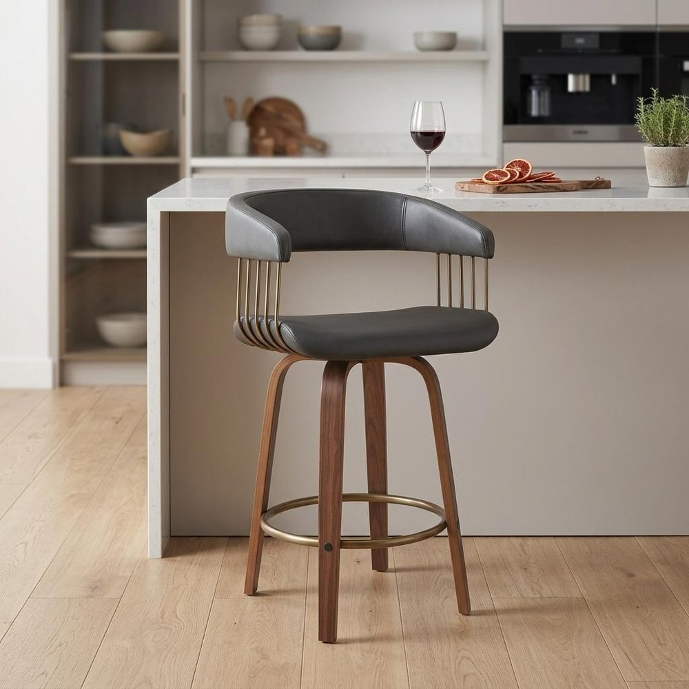 26" Gray And Brown Faux Leather And Fabric And Wood Counter Height Swivel Bar Chair HomeRoots