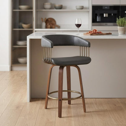 26" Gray And Brown Faux Leather And Fabric And Wood Counter Height Swivel Bar Chair HomeRoots