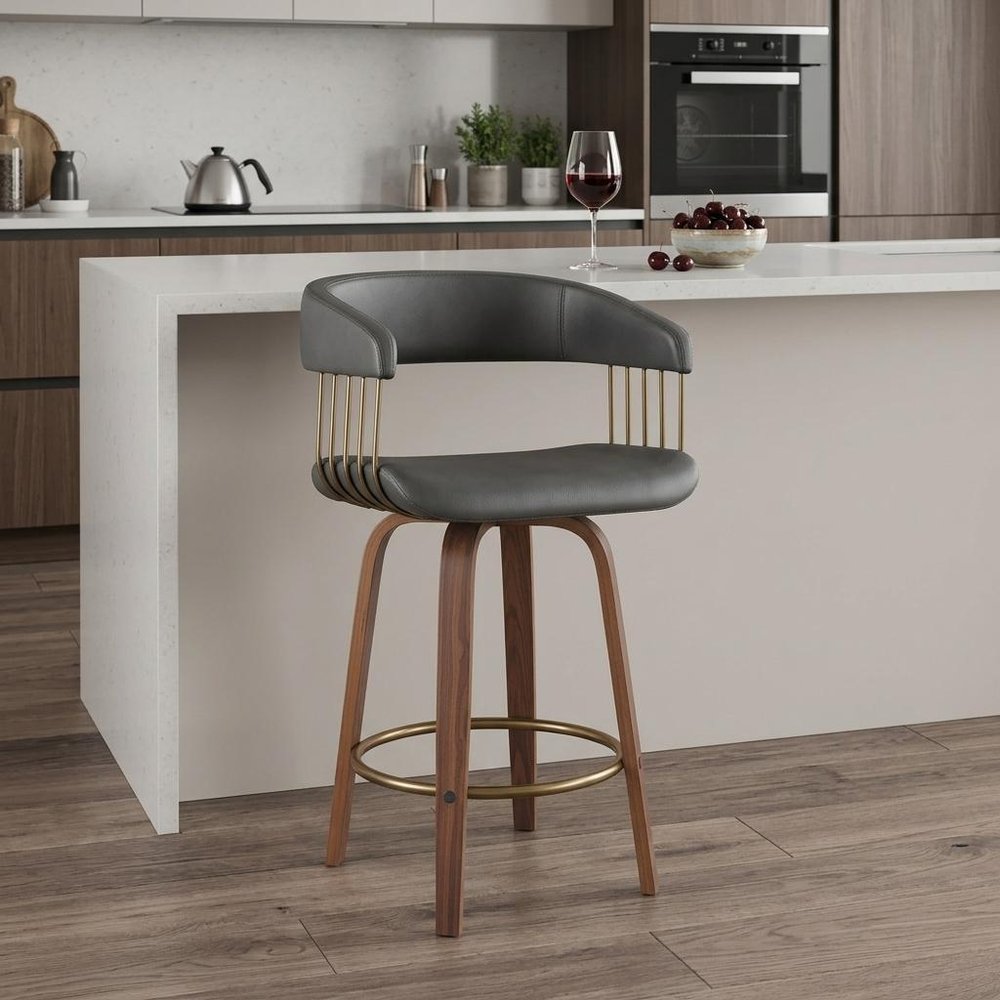 26" Gray And Brown Faux Leather And Fabric And Wood Counter Height Swivel Bar Chair HomeRoots