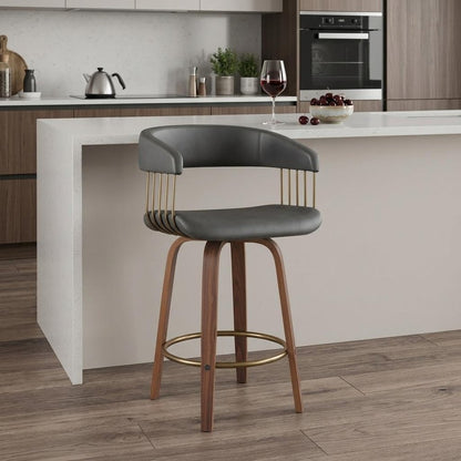 26" Gray And Brown Faux Leather And Fabric And Wood Counter Height Swivel Bar Chair HomeRoots