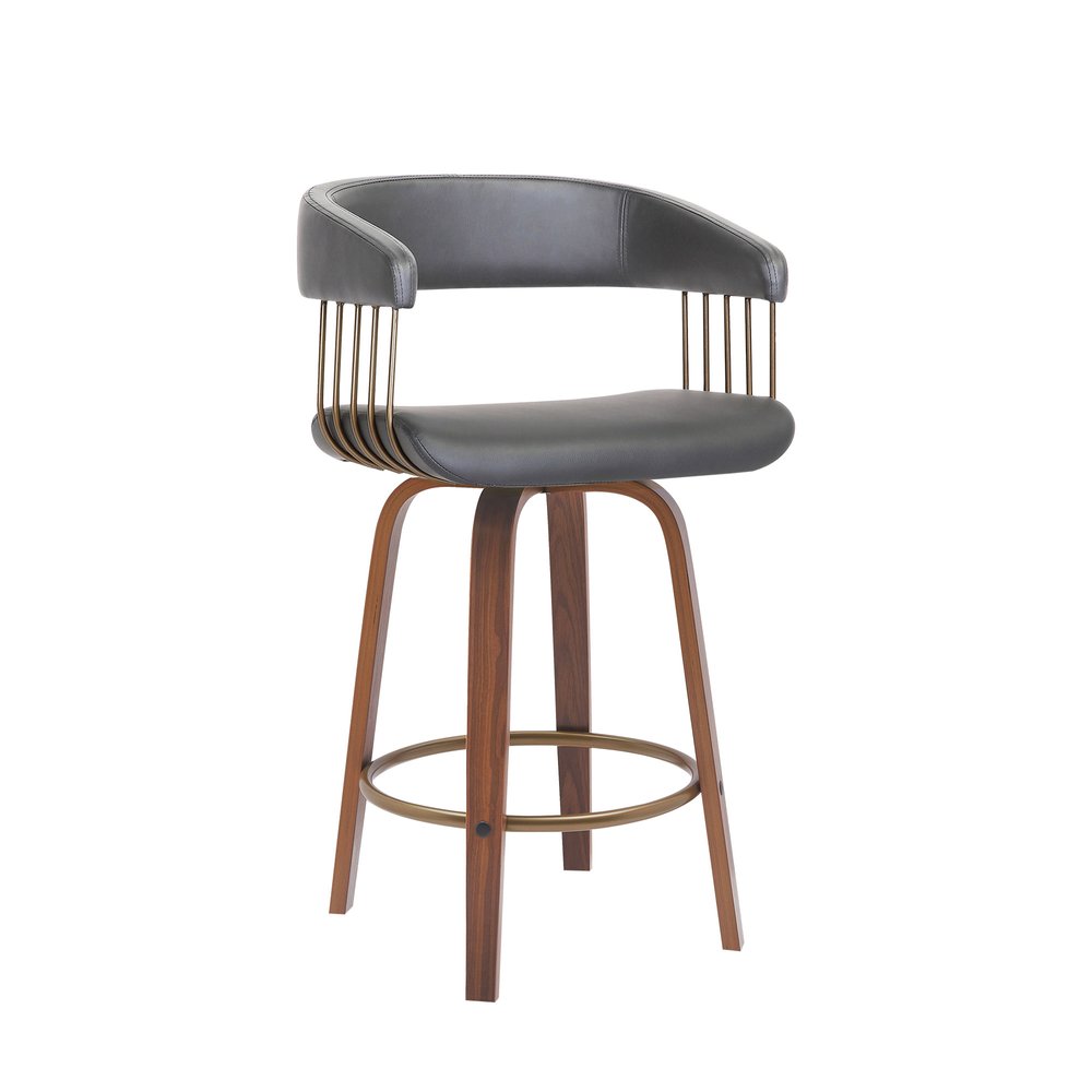 26" Gray And Brown Faux Leather And Fabric And Wood Counter Height Swivel Bar Chair HomeRoots