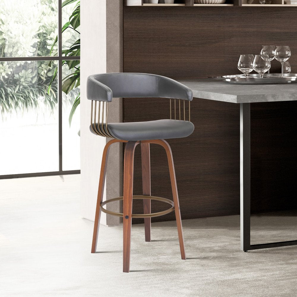 26" Gray And Brown Faux Leather And Fabric And Wood Counter Height Swivel Bar Chair HomeRoots
