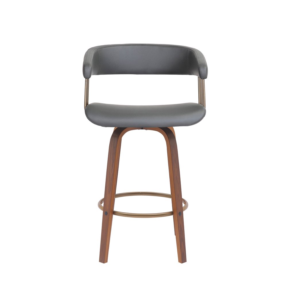 26" Gray And Brown Faux Leather And Fabric And Wood Counter Height Swivel Bar Chair HomeRoots