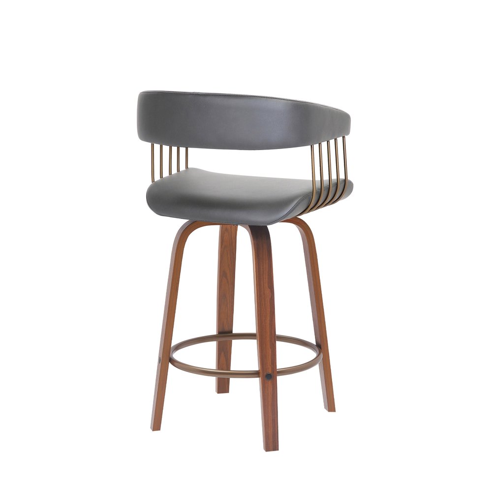 26" Gray And Brown Faux Leather And Fabric And Wood Counter Height Swivel Bar Chair HomeRoots