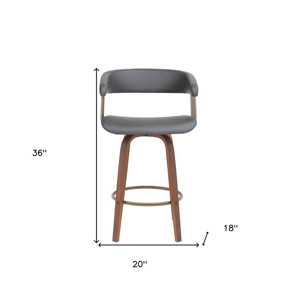 26" Gray And Brown Faux Leather And Fabric And Wood Counter Height Swivel Bar Chair HomeRoots