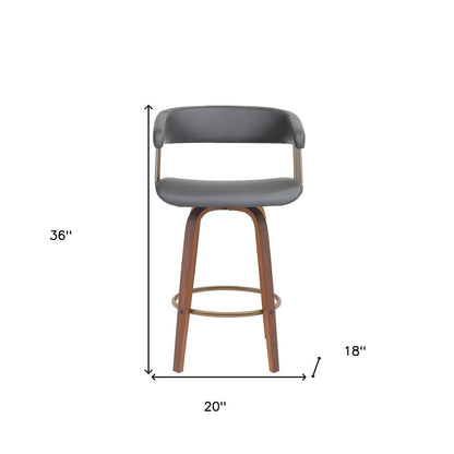 26" Gray And Brown Faux Leather And Fabric And Wood Counter Height Swivel Bar Chair HomeRoots