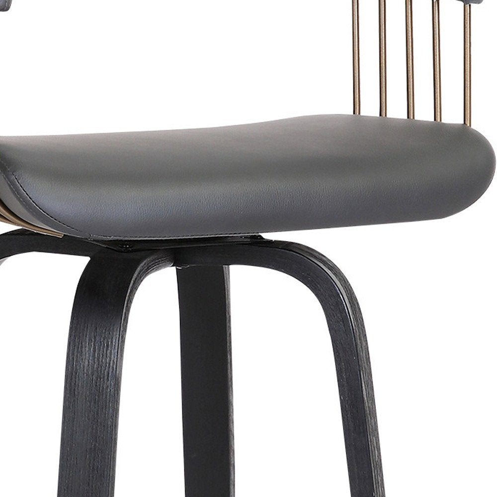 26" Gray And Black Faux Leather And Fabric And Wood Counter Height Swivel Bar Chair HomeRoots