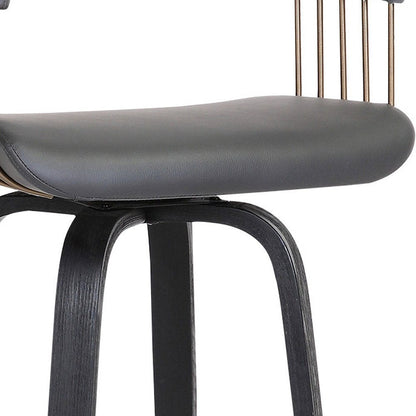 26" Gray And Black Faux Leather And Fabric And Wood Counter Height Swivel Bar Chair HomeRoots