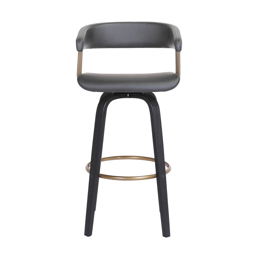 26" Gray And Black Faux Leather And Fabric And Wood Counter Height Swivel Bar Chair