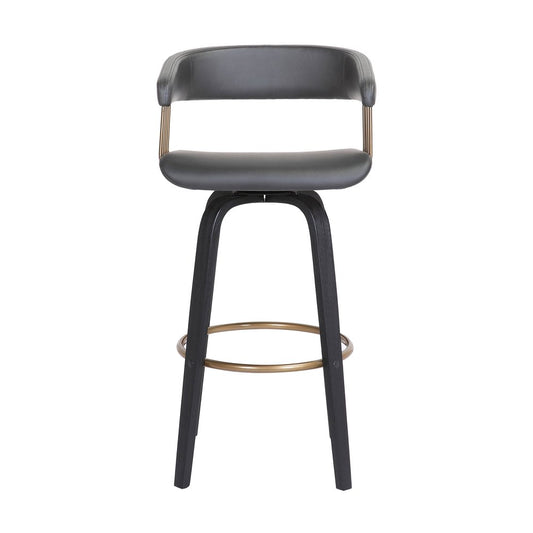 26" Gray And Black Faux Leather And Fabric And Wood Counter Height Swivel Bar Chair