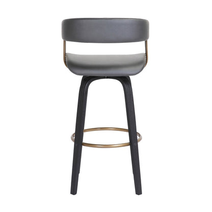 26" Gray And Black Faux Leather And Fabric And Wood Counter Height Swivel Bar Chair HomeRoots