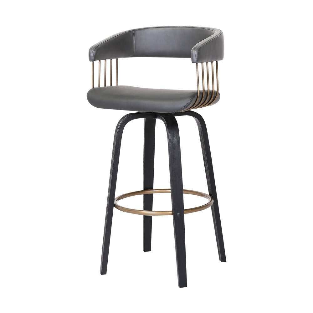26" Gray And Black Faux Leather And Fabric And Wood Counter Height Swivel Bar Chair HomeRoots