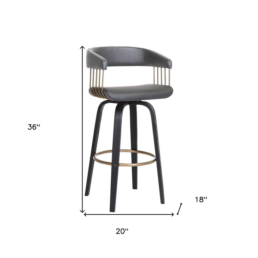 26" Gray And Black Faux Leather And Fabric And Wood Counter Height Swivel Bar Chair HomeRoots