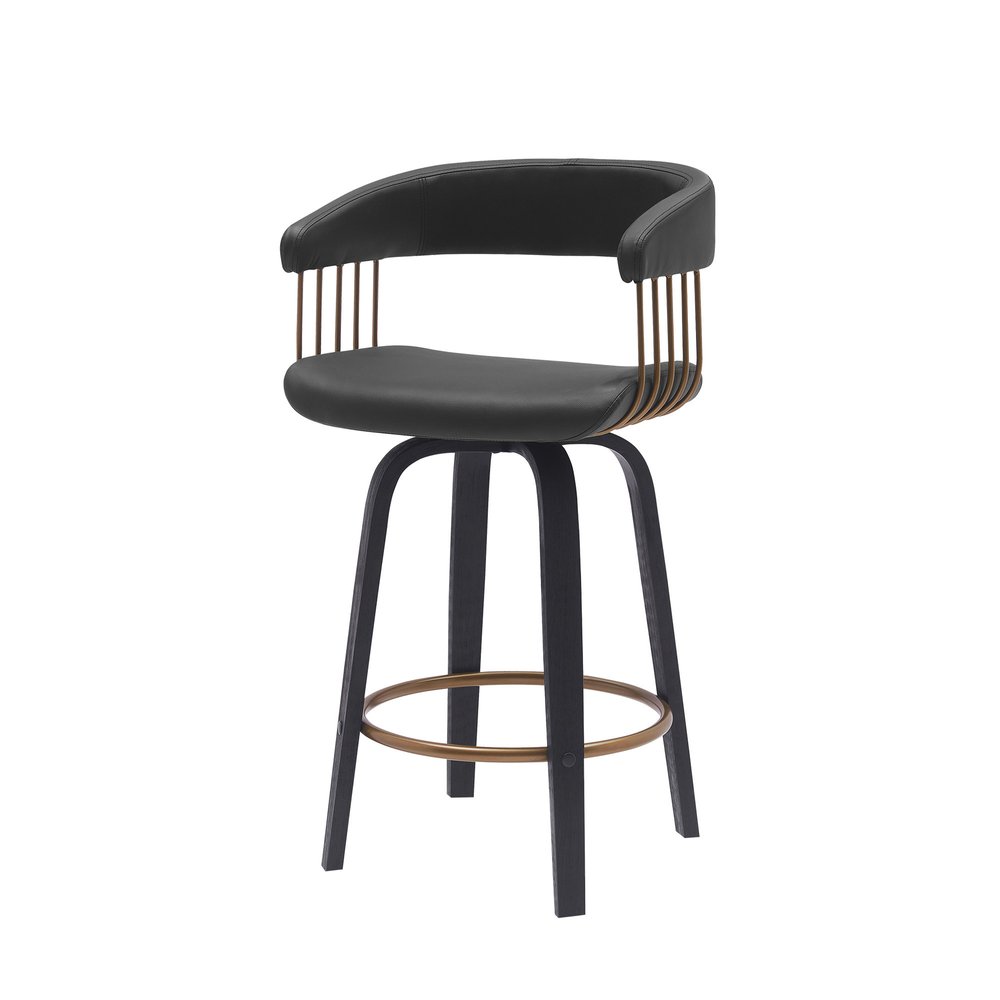 26" Black Faux Leather And Fabric And Wood Counter Height Swivel Bar Chair HomeRoots