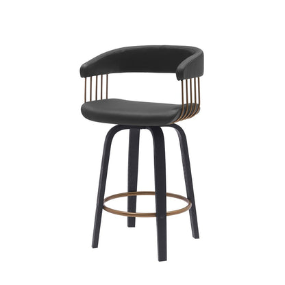 26" Black Faux Leather And Fabric And Wood Counter Height Swivel Bar Chair HomeRoots