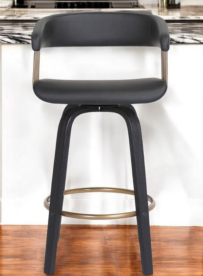 26" Black Faux Leather And Fabric And Wood Counter Height Swivel Bar Chair HomeRoots
