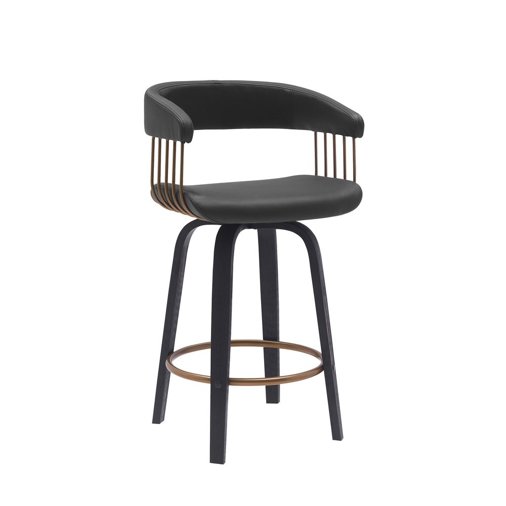 26" Black Faux Leather And Fabric And Wood Counter Height Swivel Bar Chair HomeRoots