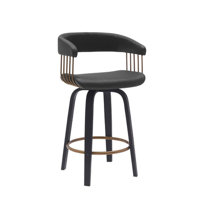 26" Black Faux Leather And Fabric And Wood Counter Height Swivel Bar Chair HomeRoots