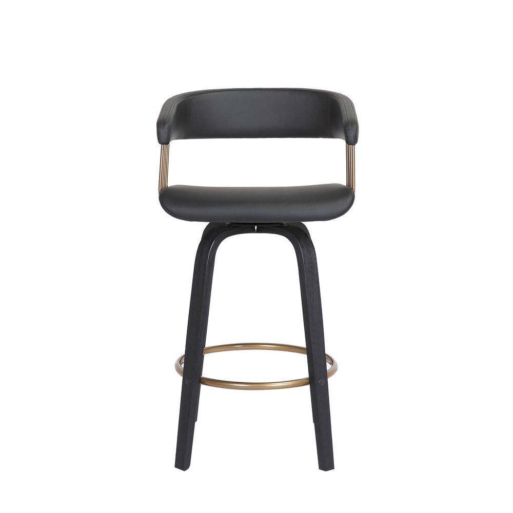 26" Black Faux Leather And Fabric And Wood Counter Height Swivel Bar Chair HomeRoots