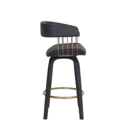 26" Black Faux Leather And Fabric And Wood Counter Height Swivel Bar Chair HomeRoots