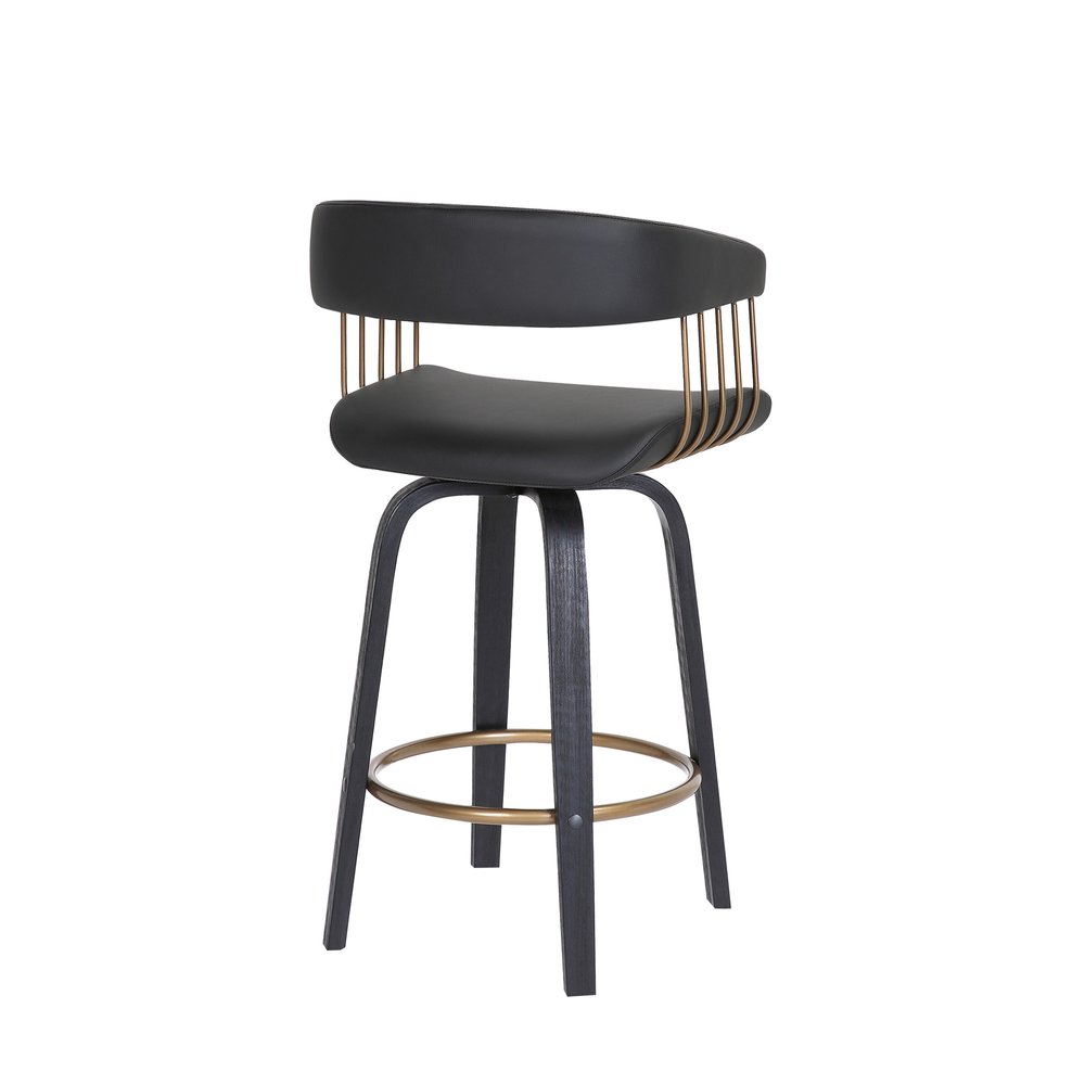26" Black Faux Leather And Fabric And Wood Counter Height Swivel Bar Chair HomeRoots