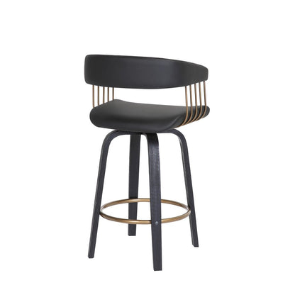 26" Black Faux Leather And Fabric And Wood Counter Height Swivel Bar Chair HomeRoots
