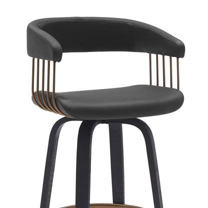 26" Black Faux Leather And Fabric And Wood Counter Height Swivel Bar Chair HomeRoots