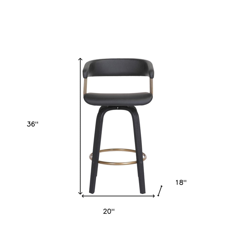 26" Black Faux Leather And Fabric And Wood Counter Height Swivel Bar Chair HomeRoots