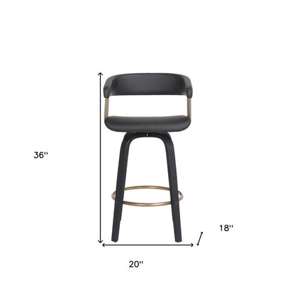 26" Black Faux Leather And Fabric And Wood Counter Height Swivel Bar Chair HomeRoots